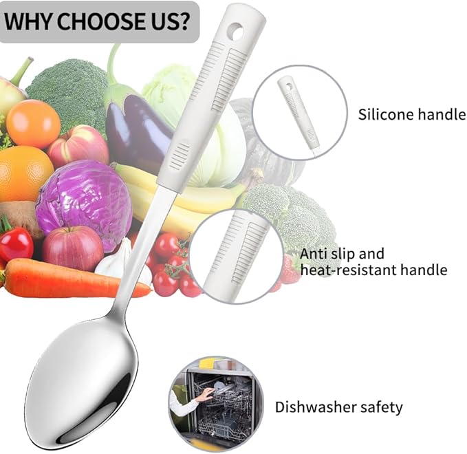 Stainless Steel Serving Spoon Set with Non-Slip Silicone Handles, 2-Piece Serving Spoon and Perforated Spoon, Home Kitchen, Parties & Daily Use (Beige)