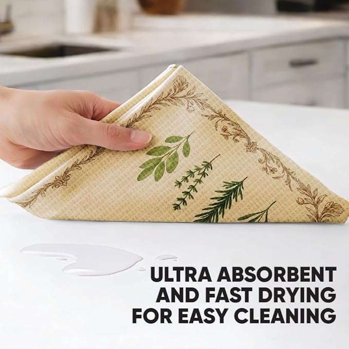 Easter Gift Kitchen Microfiber Waffle Tea Towels Set of 2 Absorbent & Fast Drying Dish Cloths for Cleaning,Vintage Floral Herbs Boho,Decorative Hand Towels for Bathroom,20x28 Inch(Vintage Four Herbs)