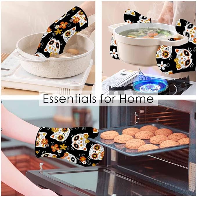 Cat Floral Skulls Oven Mitts and Pot Holders Sets Lovely Animal Head Funny Heat Resistant 3pcs for Cooking Baking BBQ
