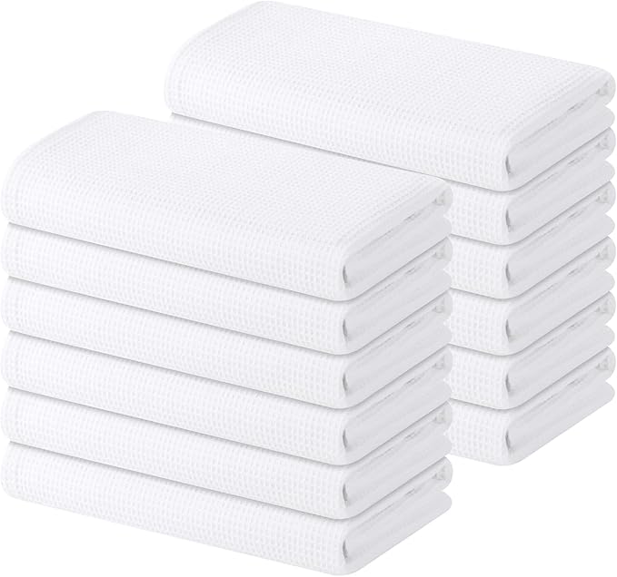 Homaxy 100% Cotton Waffle Weave Kitchen Towels - 12 Pack Soft and Absorbent Dish Towels - 16 x 26 Inches Quick Dry Hand Towels - White