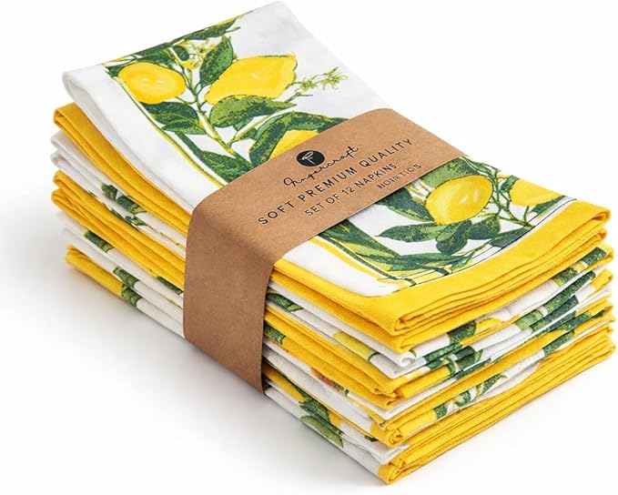 FINGERCRAFT Cloth Napkins, Set of 12 Cotton Linen Blend Printed Dinner Napkins Cloth Mitered Corner Perfect for Parties Dinners Weddings Cocktail Christmas Easter 20x20 Lemon Print