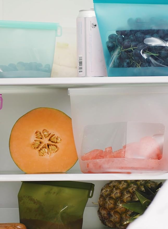 Reusable Silicone Food Storage Bags (Set of 4), Dishwasher Oven Microwave Freezer Safe, Eco-Friendly 100% Platinum, Leakproof Sous Vide Bags, 1 Snack, 2 Sandwich and 1 Half-Gallon, Clear