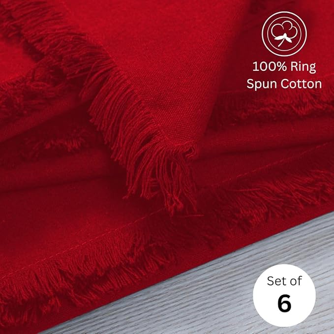 Cloth Dinner Napkins Fringes 20x20 Inch 100% Cotton Set of 6 - for Dining Special Occasions Weddings Restaurants Holidays Easter - Soft Durable Washable - Elegant Table Cloth Napkins Red
