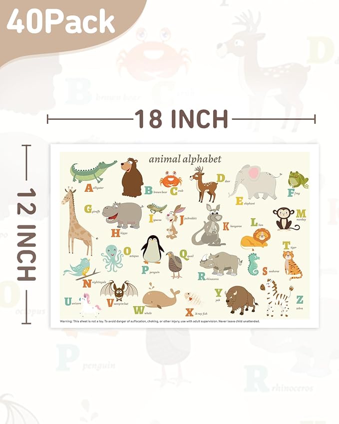 Babebay Disposable Stick-on Placemats 40 Pack for Baby & Kids & Toddler, Sticky Placemats Restaurant Table Mats 12" x 18" (Animal Alphabet)