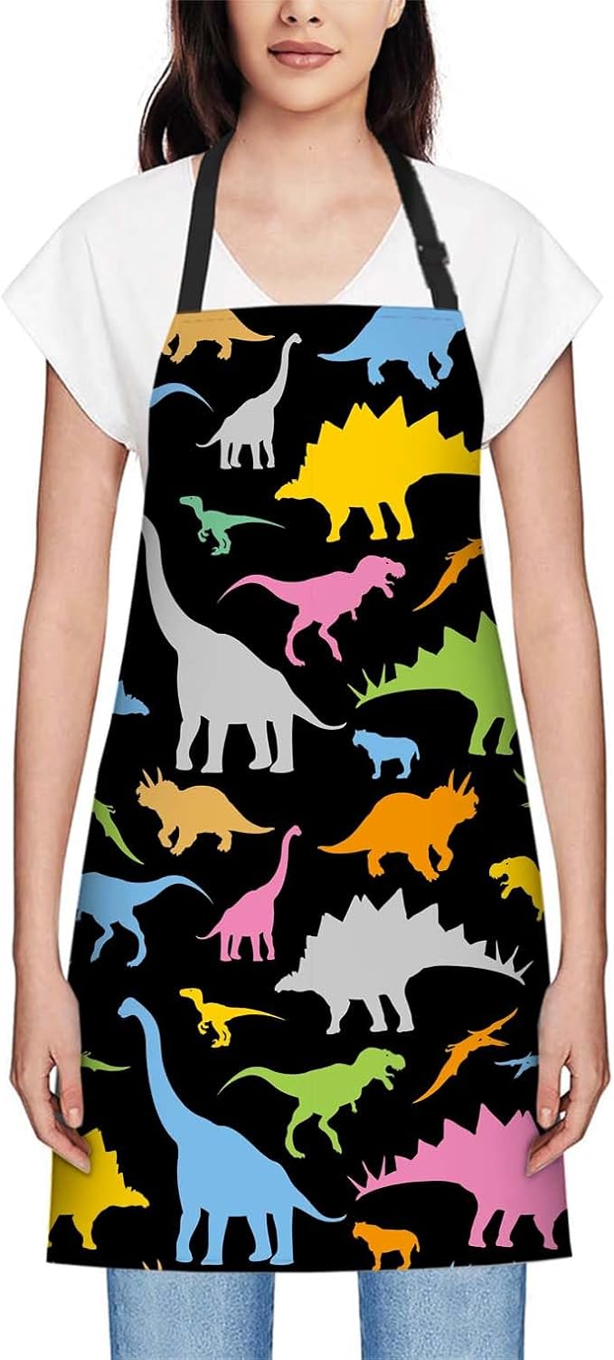 oFloral Colorful Dinosaur Apron Adjustable Apron Cooking Kitchen Chef Women Men Aprons for Home Kitchen, Restaurant, Coffee House, Baking Gardening BBQ