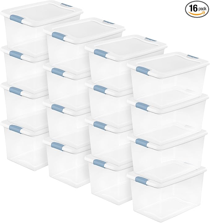 Sterilite 16 Pack Latching Box, 64 Qt Plastic Storage Container, Stackable Large Home or Office Tote Organizers with Secure Lids, White