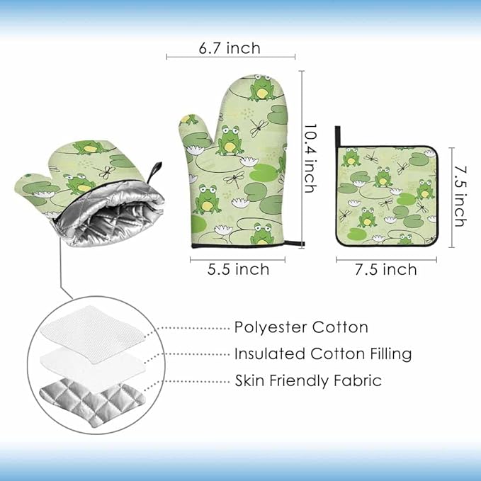Frog Oven Mitts and Pot Holders Sets Dragonfly Lotus Leaf Summer Heat Resistant 3pcs for Cooking Baking BBQ