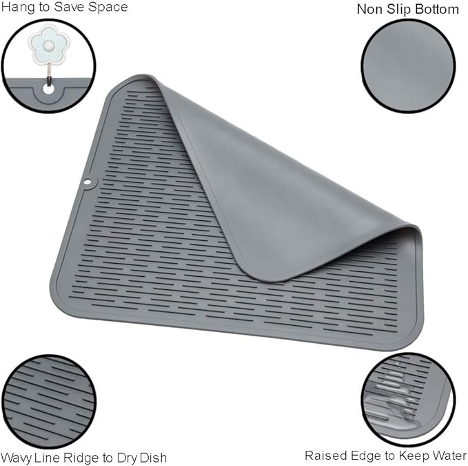 ZLR 2 Pcs Large Silicone Dish Drying Mat (16" x 18") - XL Heavy Duty Drainboard Mat for Pots, Pans & Family Loads - Heat Resistant Trivet & Counter Protector, Easy Clean (Dark Gray)