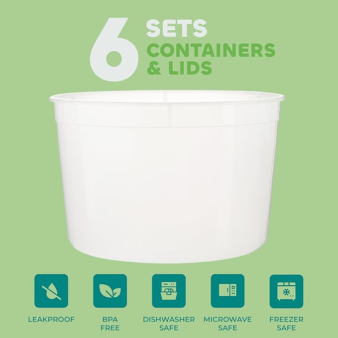 JoyServe 64 oz Plastic Containers with Lids - (Pack of 6) Food Storage Organizer Half Gallon Round Plastic Deli Container with Leak-Proof Lid, BPA-Free, Freezer, Dishwasher & Microwave Safe