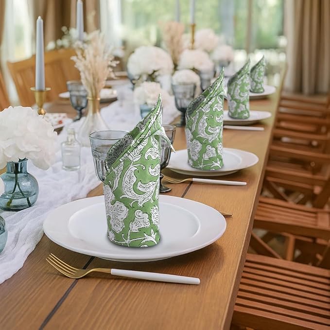 Ridhi Sage Green Hand Block Print 100% Cotton Napkins 18" x 18" (Set of 4) Reuseable Kitchen Napkins Cloth Decor Dinner Party Wedding Cocktail Gift for Spring, Easter, Valentine
