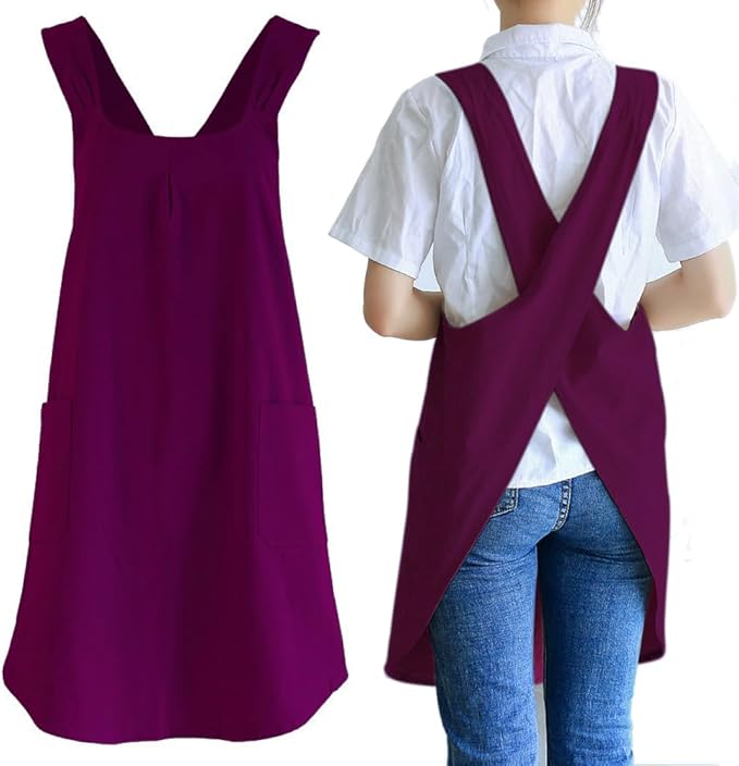 NEWGEM Japanese Cotton Linen Cross Back Cooking Apron for Women Men with Pockets Cute for Baking Kitchen