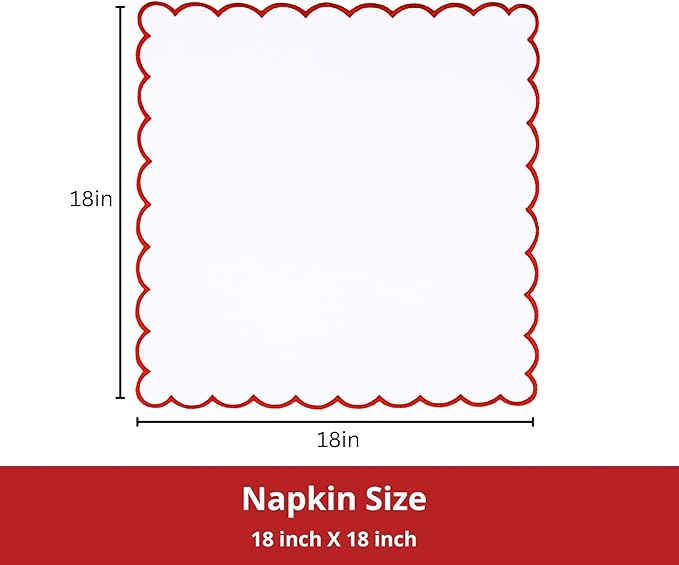 PurpleEssences Scalloped Embroidery Cloth Napkins - Spring Easter Summer - Table Decor - 100% Cotton - Set of 4-18x18 inch - White - Edges - Red