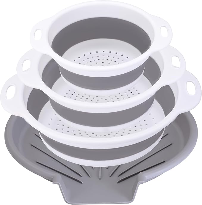 Collapsible Colander Set with Oversized Draining Tray | 3-Pack Foldable Kitchen Strainers + Base | Space Saving for Pasta, Veggies, Fruit & Rice | 5 Colors (Gray-White)