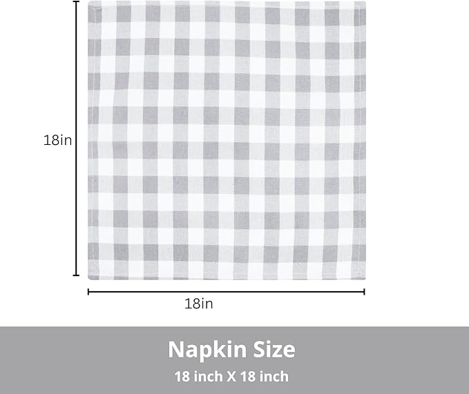 PurpleEssences Buffalo Plaid Cloth Napkins - Mitered Corners - Spring Easter Summer - Gingham Check Dinner Napkin - Set of 12-100% Cotton - 18x18 Inch - Reusable Washable - Grey and White