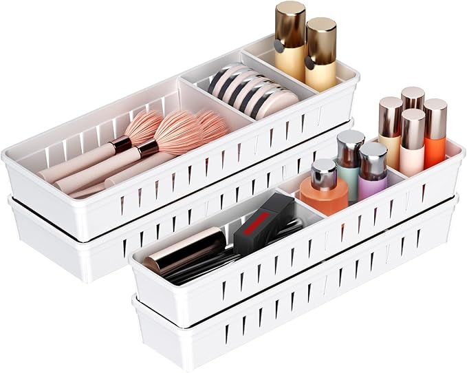 Desk Drawer Organizer Tray 4 PCS Plastic Office Drawer Organizer Bins Junk Organizer Divider with Non-Slip Silicone Pads, Makeup Vanity Organizer for Drawer, White