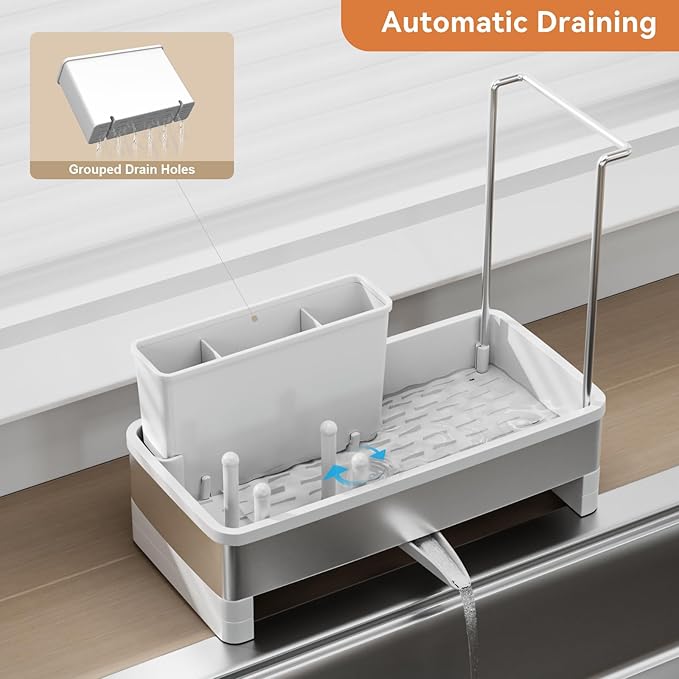 Laveshop Sponge Holder for Kitchen Sink, Rustproof Stainless Steel Sink Caddy with Auto-Drain, Removable Brush Holders, Soap and Dishcloth Organizer, White