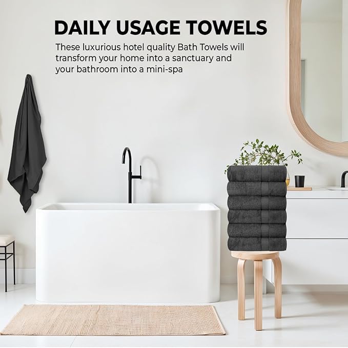 QUBA LINEN Hotel & Spa 100% Cotton Bath Towels Pack of 6, Ultra Soft, Quick Dry, Lightweight, Highly Absorbent, Perfect for Face, Hands, Spa, Gym, Hotel, Resort & Daily Use - Grey (24" x 48")