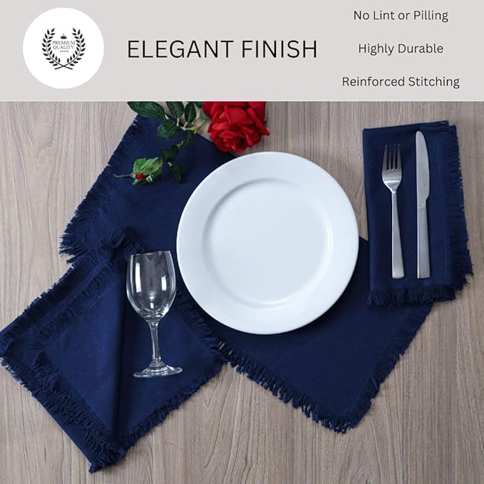 Cloth Dinner Napkins with Fringes 20x20 Inch 100% Cotton Set of 6 - for Dining Special Occasions Wedding Holidays Easter - Soft Durable Washable - Elegant Table Cloth Napkins Navy Blue