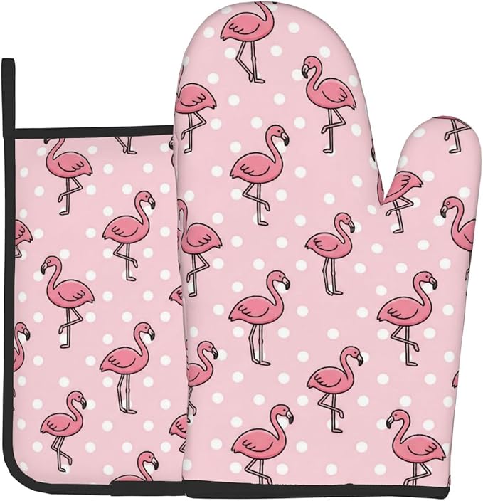 Pink Flamingos Oven Mitts and Pot Holders Pink Background Heat Resistant Oven Mitts Safe for Baking Cooking BBQ