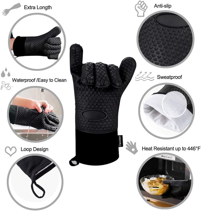 Comsmart BBQ Gloves, Heat Resistant Silicone Grilling Gloves, Long Waterproof BBQ Kitchen Oven Mitts with Inner Cotton Layer for Barbecue, Cooking, Baking, Smoker(Black)