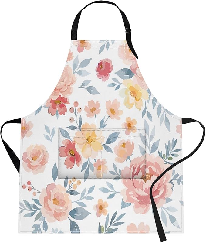 Britimes Apron Home Kitchen Cooking Baking Gardening for Women Men With Pockets Romantic Floral Flower Rose Pink 32x28 inch