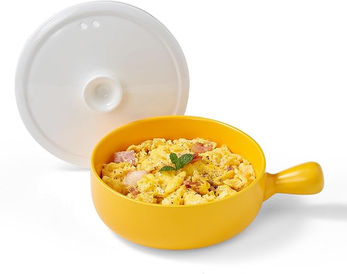 EliteVibe Ceramic Microwave Egg Cooker Scrambled with Lid, BPA-Free Non-Stick Non-Toxic & Heat-Resistant Quick Cooking Egg Maker, Dishwasher Safe, Holds Up to 3 Eggs（Yellow）