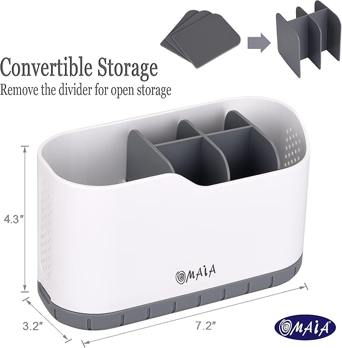OMAIA Sink Caddy - Sink Organizer for Home, Kitchen, Wash Basin - Holder with Removable Dividers for Sponge, Brush, Toothbrush… White