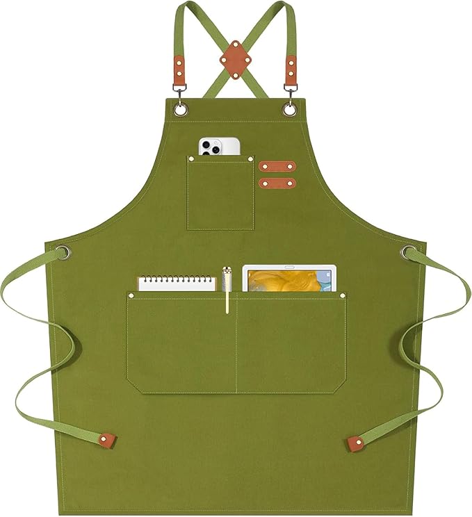 AFUN Chef Aprons for Women Men with Oversized Pockets, 12-Ounce Cotton Canvas Cross Back Water Repellent Apron (Army Green)