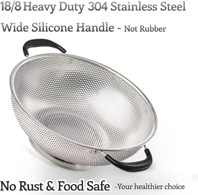 5 Qt Colander 18/8 Stainless Steel Colander Silicone Handle Easy Grip Micro-Perforated Strainer Heavy Duty and Self-draining Solid Ring Base BPA Free Dishwasher Safe - Black