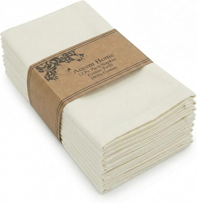 ACCENTHOME Accent Home 100% Cotton Napkins, Delicate Cloth Napkins for Dinners, Parties and Weddings，18 x 18 Inch Set of 12 - Ivory