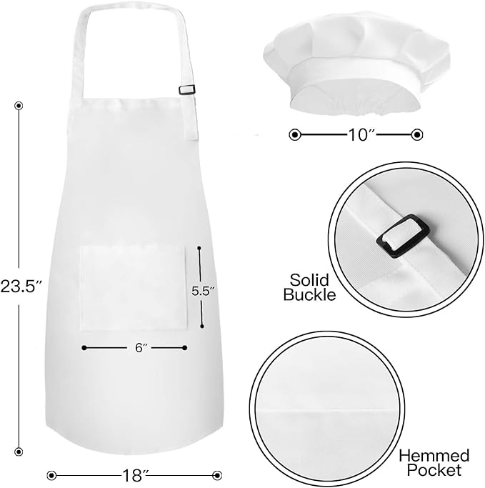 Novelty Place Kid's Apron with Chef Hat Set (3 Set) - Skin-friendly Children’s Bib with Pocket - Cooking, Baking, Painting, Training Wear - Kid's Size (6-12 Year, White)