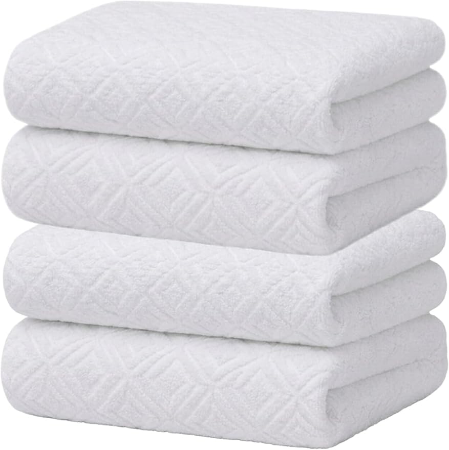 SYDR Premium Kitchen Towel (16”x 28”, 4 Pack), Cotton Kitchen Hand Towel, Jacquard Diamond Weave, Highly Absorbent Tea Towel Set with Hanging Loop, White