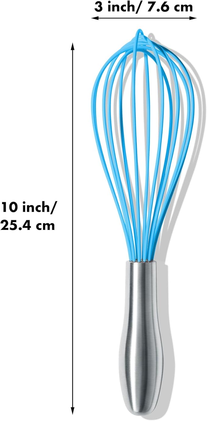 OYV 10-Inch Blue Silicone Whisk, Heat Resistant 480°F Kitchen Whisk with Stainless Steel Ergonomic Handle, Non-Scratch for Nonstick Cookware, Dishwasher Safe, Perfect for Blending, Cooking & Beating