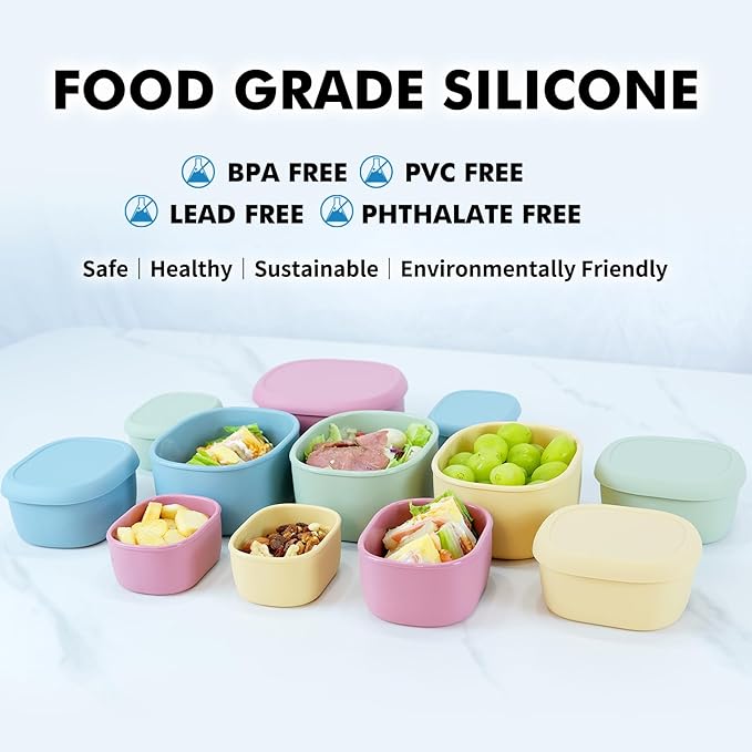 Anatole Silicone Food Storage Lunch Bento Box Set of 3 Reusable Nesting Containers with Lids BPA Free Dishwasher Microwave Oven Freezer Safe Leakproof (6.7oz, 10oz, 20oz)