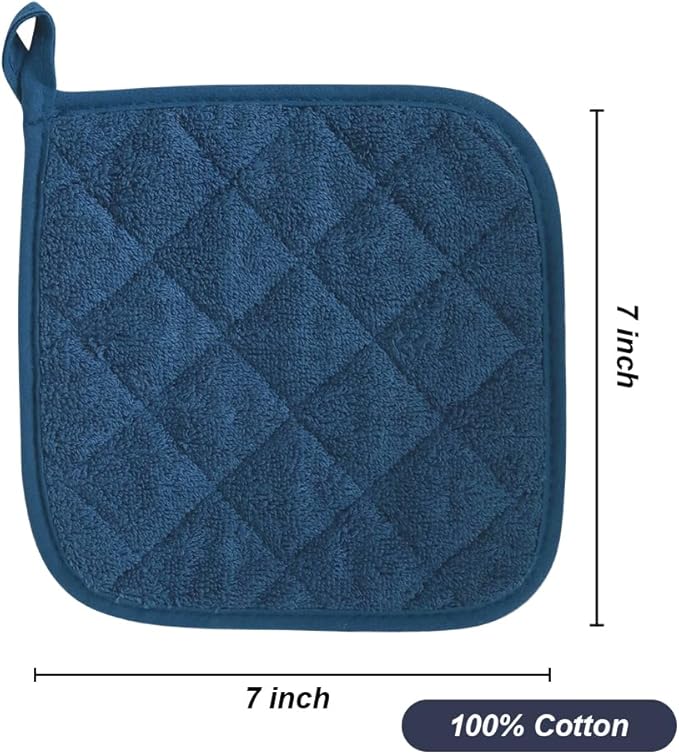 meioro 4-Pack Pot Holders for Kitchen High Heat Resistant Potholder, 100% Cotton Hot Pads, Quilted Terry Hot Pot Holder Set for Kitchens, Washable Trivet for Cooking and Baking 7x7 Inches (Blue)