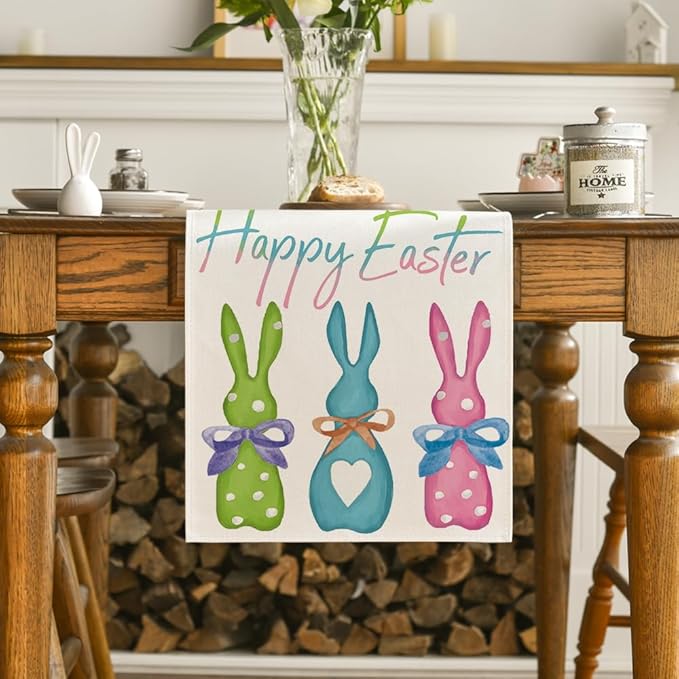 Artoid Mode Green Blue Pink Rabbit Bunny Happy Easter Table Runner, Seasonal Holiday Kitchen Dining Table Decoration for Home Party Decor 13 x 108 Inch