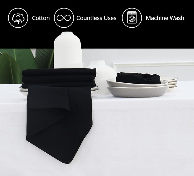 PurpleEssences Set of 12 Cloth Dinner Napkins 100% Cotton 18x18 Inch - Soft Durable Washable - Ideal for Farmhouse Party Spring Easter Summer - Perfect Everyday Use Table Linen - Black