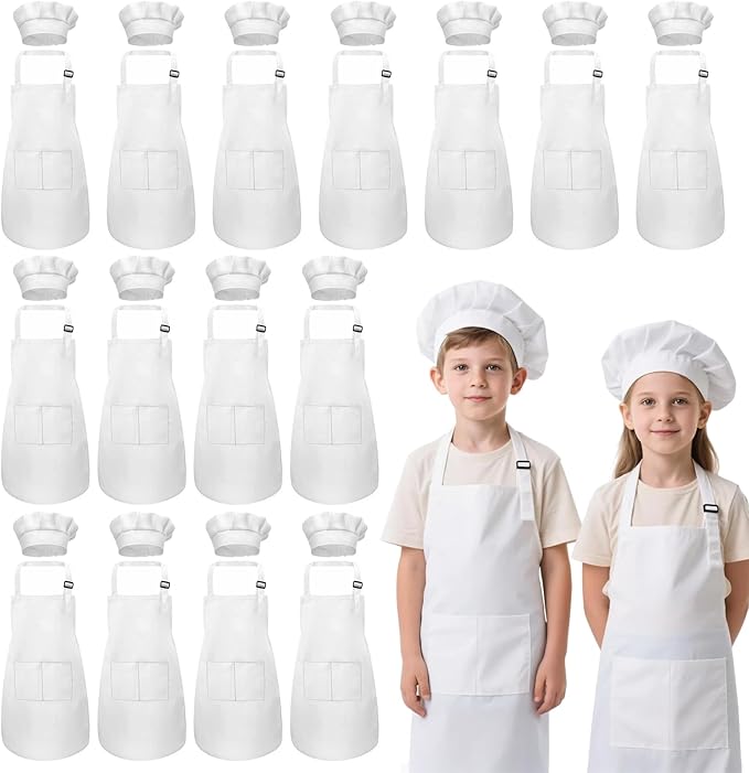 Kids Apron and Chef Hat Set, 30 Pieces Boys Girls Kids Apron with 2 Pockets Adjustable for Cooking Classroom Baking Painting, 6-13 Years, White