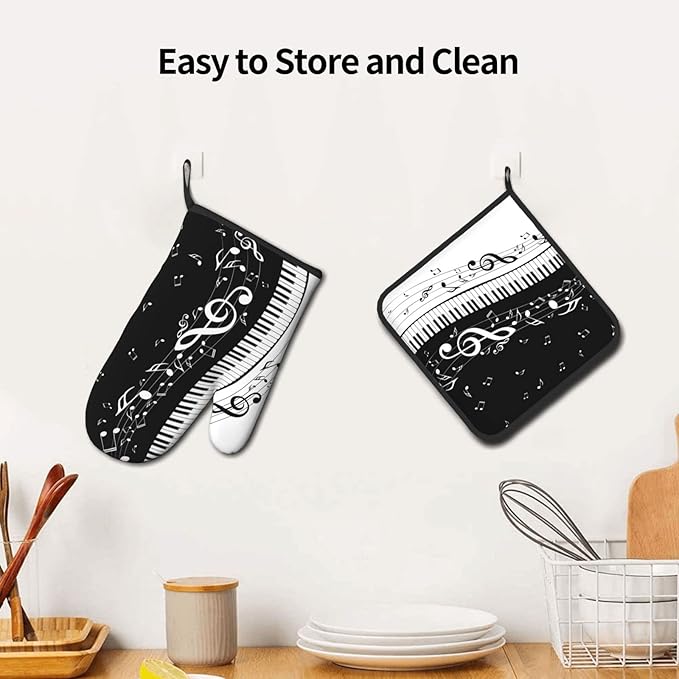Piano Keys and Notes Oven Mitts and Pot Holders Heat Resistant Oven Mitts Safe for Baking Cooking BBQ