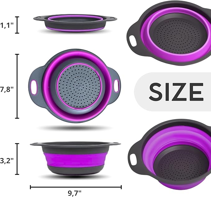 Purple Foldable Food Strainer for Kitchen - Small Collapsible Colander for Spaghetti and Pasta Multifunctional Silicone Strainer for Camping