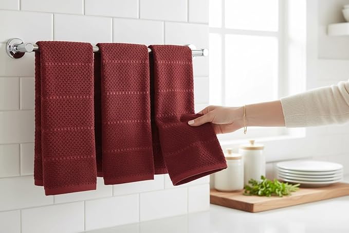 Maroon Dark Red Brick Red Kitchen Hand Dish Towels: Oversized 28" x 18",100% Cotton Cloth Soft Cleaning Drying Absorbent Textured Design, Set of 3 Multipurpose for Everyday Use (Brick Red)