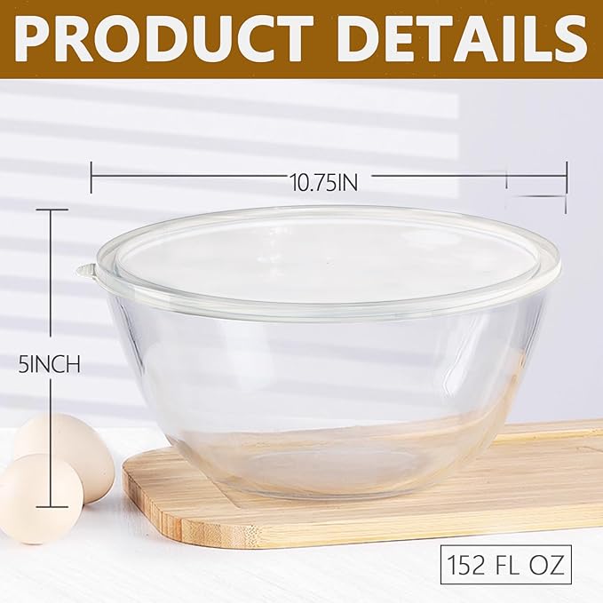 5 Quart Deep Big Glass Bowl with Lid,10 Inch Large Glass Mixing Bowl for Sourdough Bread Kitchen Salad Bread Storage, For Prepping, Marinating & Brining Kimch (clear)