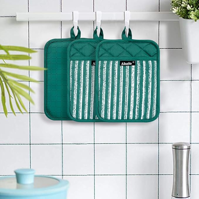 Alselo Silicone Pot Holders Set of 3 Heat Resistant & Non Slip Potholders, Professional Oven Hot Pads with Pockets Mitts for Kitchen Cooking Baking Barbecue (Emerald Green, 3)