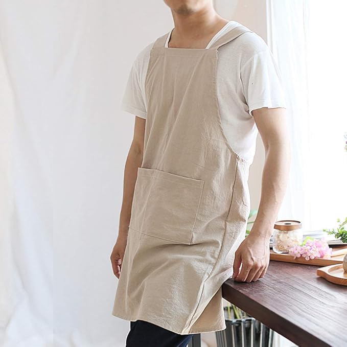 NEWGEM Japanese Cotton Linen Cross Back Cooking Apron for Women Men with Pockets Cute for Baking Kitchen