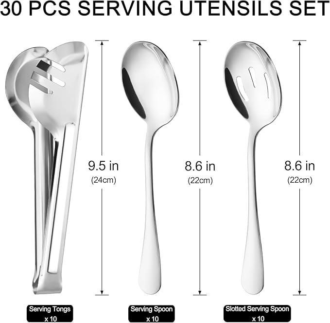 30 Pieces Stainless Steel Large Serving Utensils Set with Serving Spoons, Slotted Serving Spoons, and Serving Tongs Metal Serving Utensils for Parties Buffet Banquet