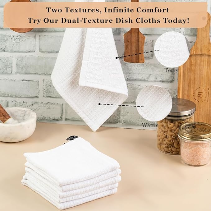DishCloths Kitchen|Waffle Terry Weave Hand Towels|Cotton 12"x12" Reusable Dish Rags Washing Scrub Cleaning Dishes|Dish Bar Mop Towels Hand Wipes| washcloth |6 Pc Set-White