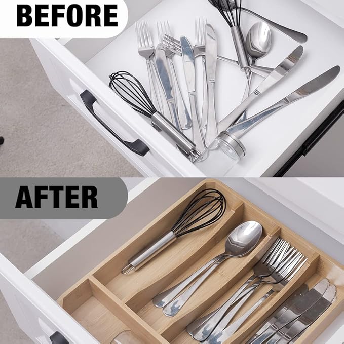Kitchen Drawer Organizer, 13 Inch Silverware Utensil Tray Holder,with Removable Lid, 5 Slots Total Bamboo Wood Caddy for Flatware Cutlery Knives, Forks, Spoons.