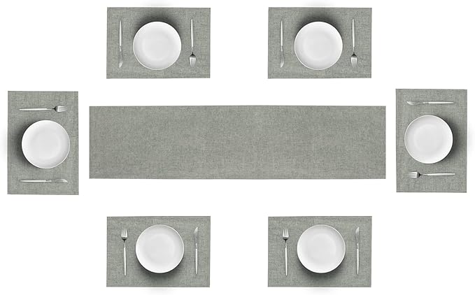 Table Runner and Placemats Set of 6 for Kitchen Dining Table Farmhouse Style Thick Cotton Linen Double Layer Heat Resistant Washable Table Runner Place Mats Set/ Grey