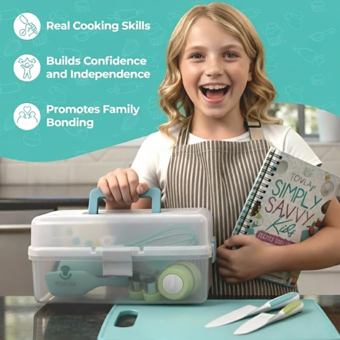 TOVLA JR Kids Real Cooking and Baking Ultimate Gift Set | Montessori Kid-Safe Knives, Apron, Visual Cookbook, Timer, Storage Case & Tools | Premium Christmas & Birthday Gift for Girls & Boys