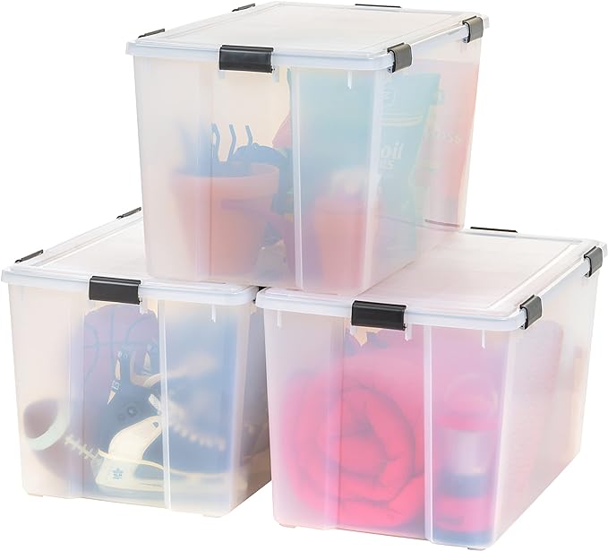 IRIS USA WeatherPro 156 Qt Storage Bins with Lids, 3 Pack, BPA-Free Plastic Gasket Box with Tight Latch and Seal, Stackable Nestable Tote Tub - Clear/Black